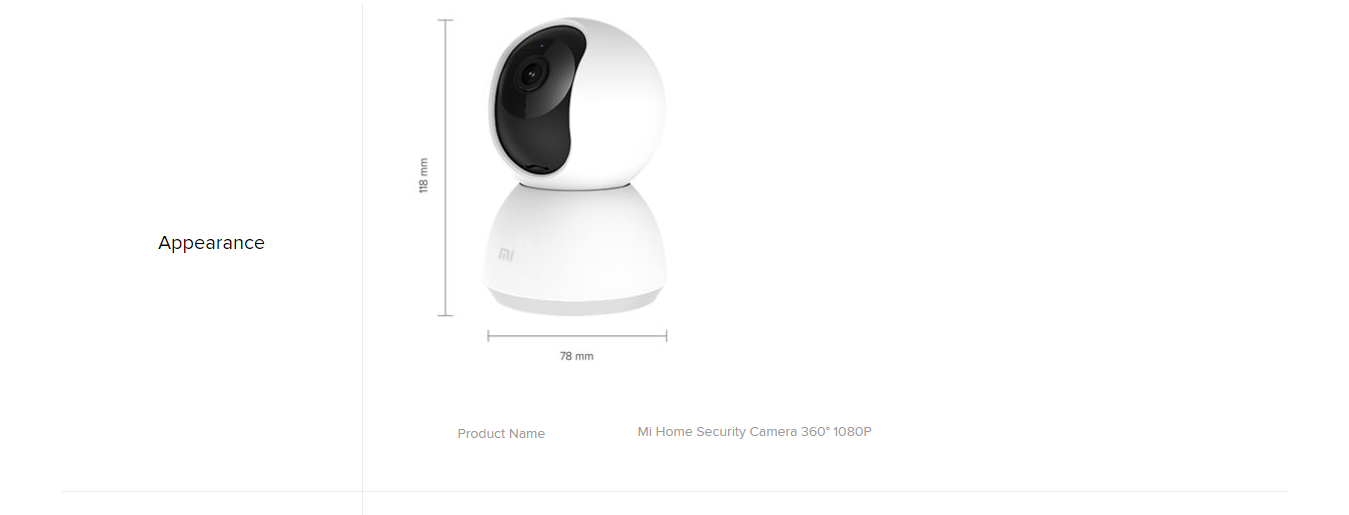 Specifications of the Mi Home Security Camera